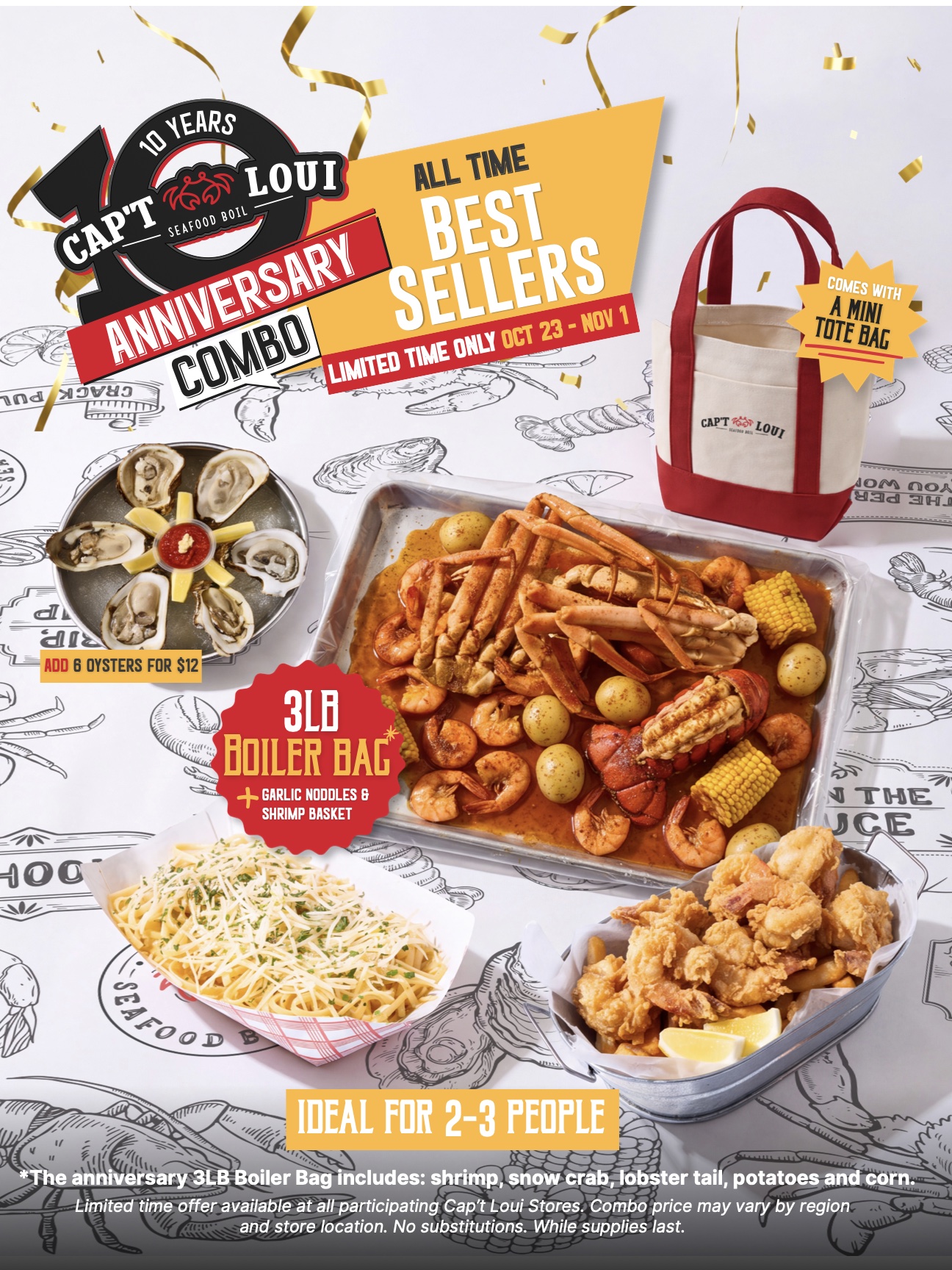 Cap't Loui Anniversary Combo featuring a seafood boiler, garlic noodles, fried shrimp, and a red mini tote