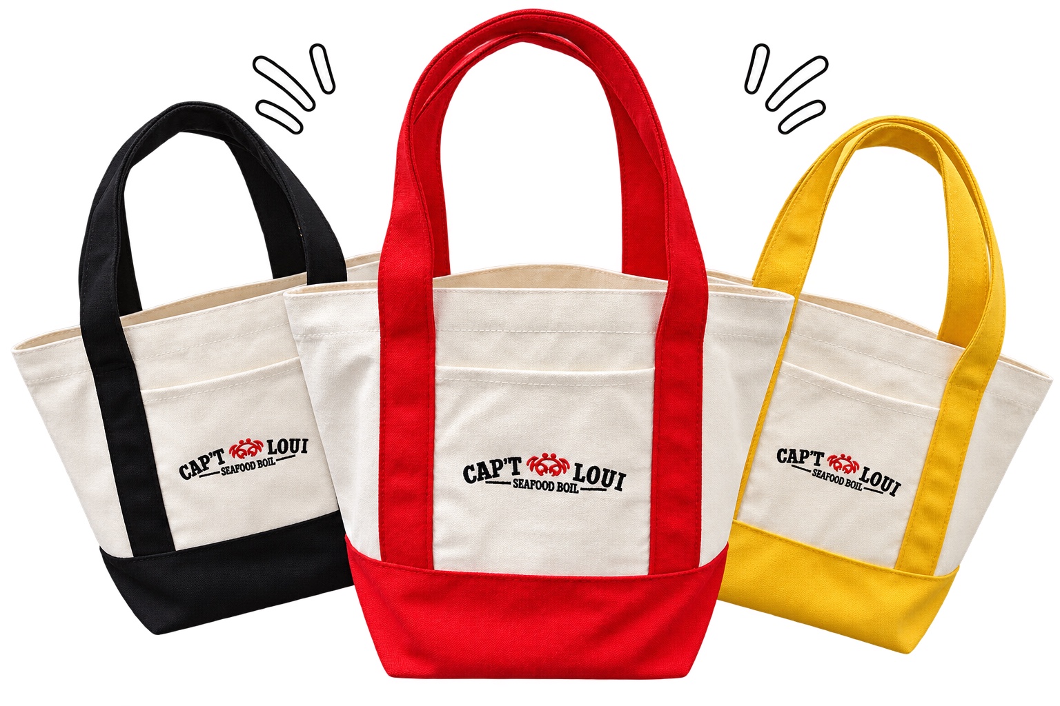 Three Cap't Loui mini canvas totes with black, red, and yellow handles